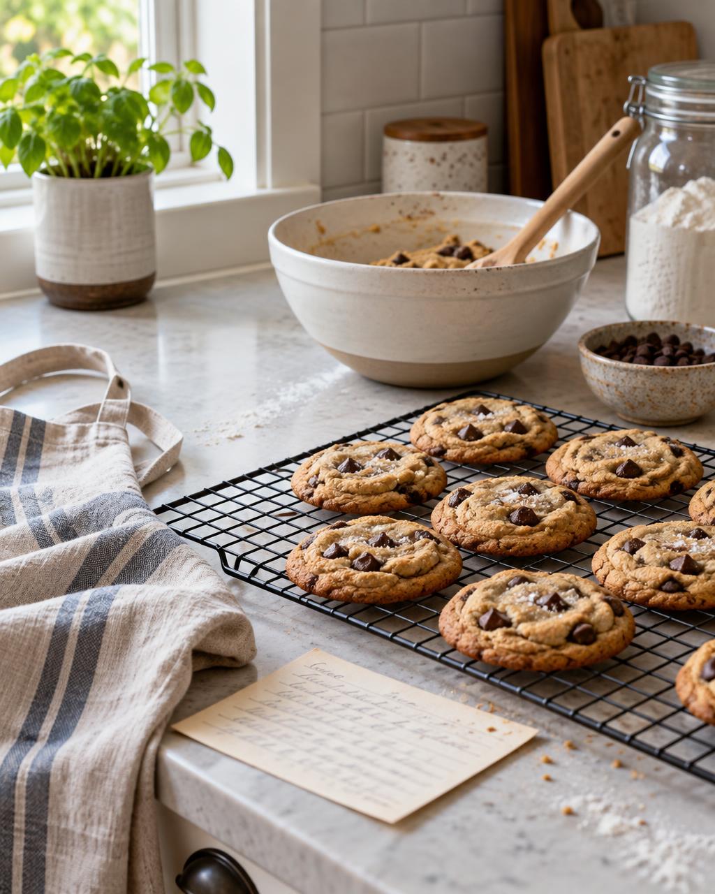 Fresh cookies cooling on a rack in a home kitchen