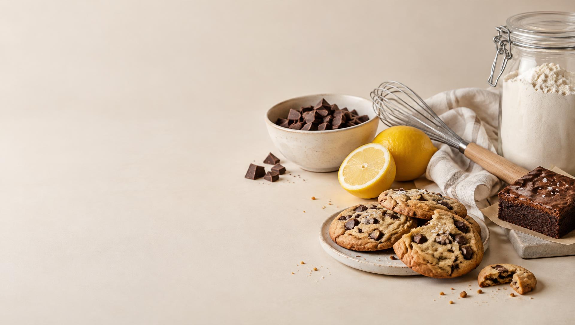 Baking ingredients with fresh cookies and a brownie on a cream backdrop